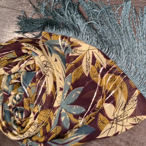 Long Fringe Boho Scarf Teal & Brown Floral Sheer Metallic Stripes 67" Wrap - Picture 11 of 12